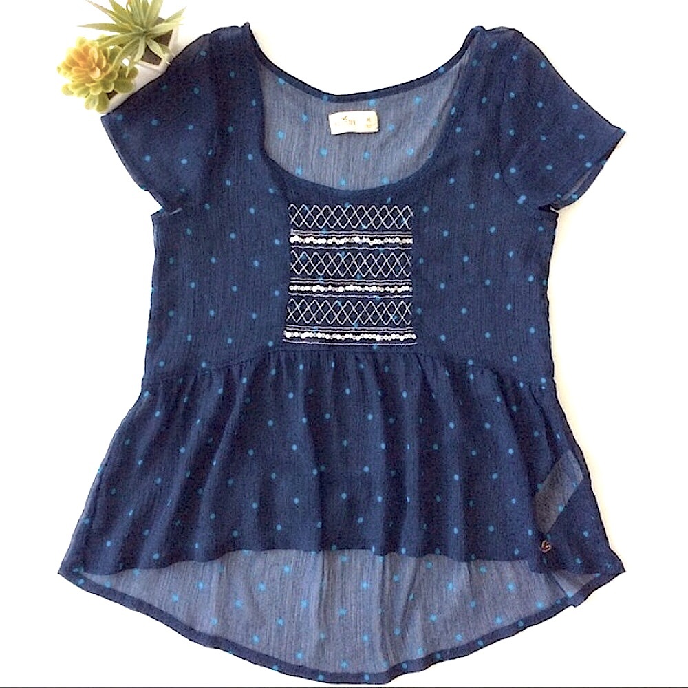 Navy Blue Hollister Polka Dot Short Sleeve Sheer Top, S